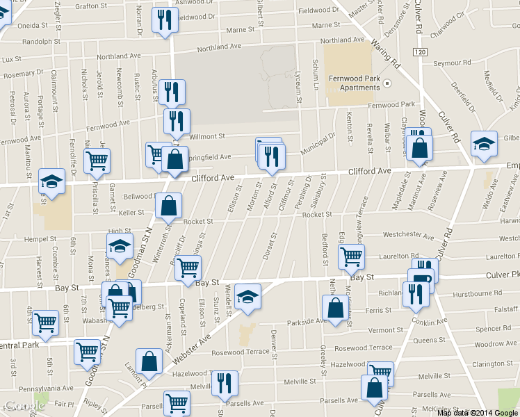 map of restaurants, bars, coffee shops, grocery stores, and more near 176 Morton Street in Rochester