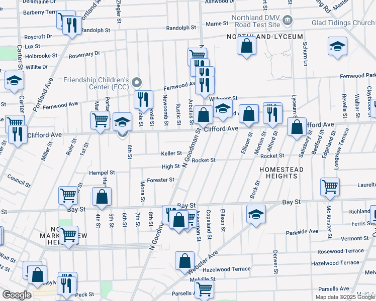 map of restaurants, bars, coffee shops, grocery stores, and more near 1101 Goodman Street North in Rochester