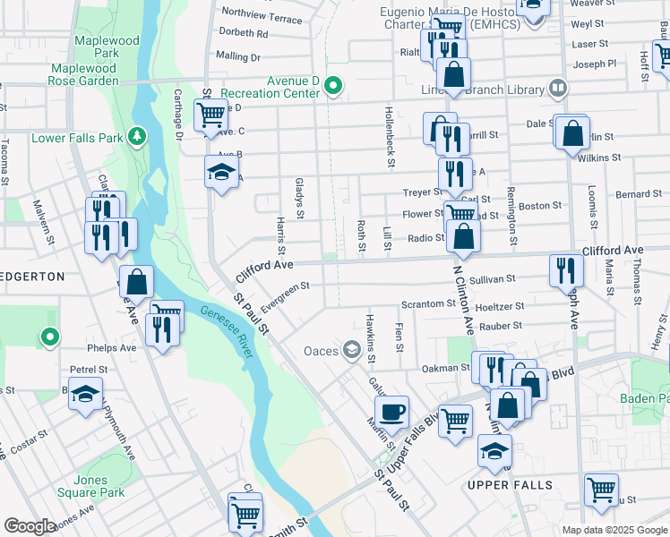 map of restaurants, bars, coffee shops, grocery stores, and more near 183 Clifford Avenue in Rochester
