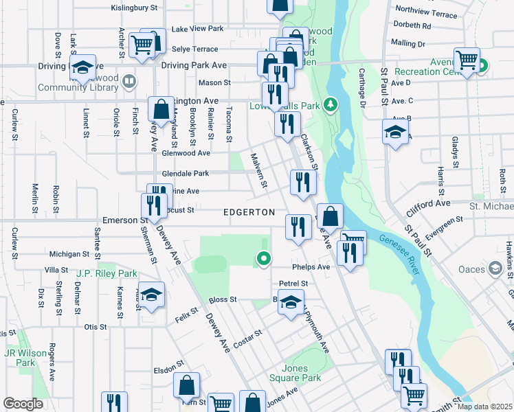 map of restaurants, bars, coffee shops, grocery stores, and more near 18 Locust Street in Rochester