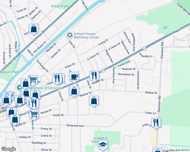 map of restaurants, bars, coffee shops, grocery stores, and more near 380 East Avenue in Lockport