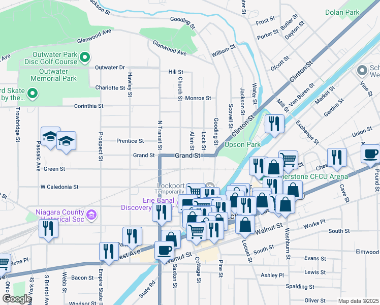 map of restaurants, bars, coffee shops, grocery stores, and more near 110 Grand Street in Lockport