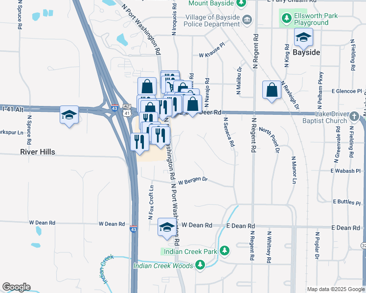 map of restaurants, bars, coffee shops, grocery stores, and more near 8660 North Port Washington Road in Fox Point