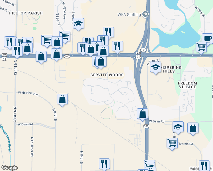 map of restaurants, bars, coffee shops, grocery stores, and more near 8590 North Servite Drive in Milwaukee