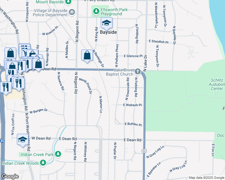 map of restaurants, bars, coffee shops, grocery stores, and more near 725 East Wahner Place in Bayside