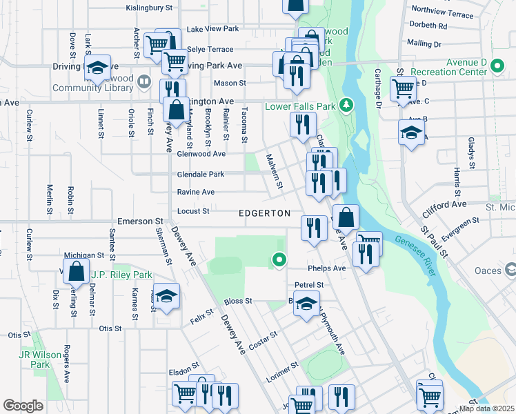 map of restaurants, bars, coffee shops, grocery stores, and more near 36 Locust Street in Rochester