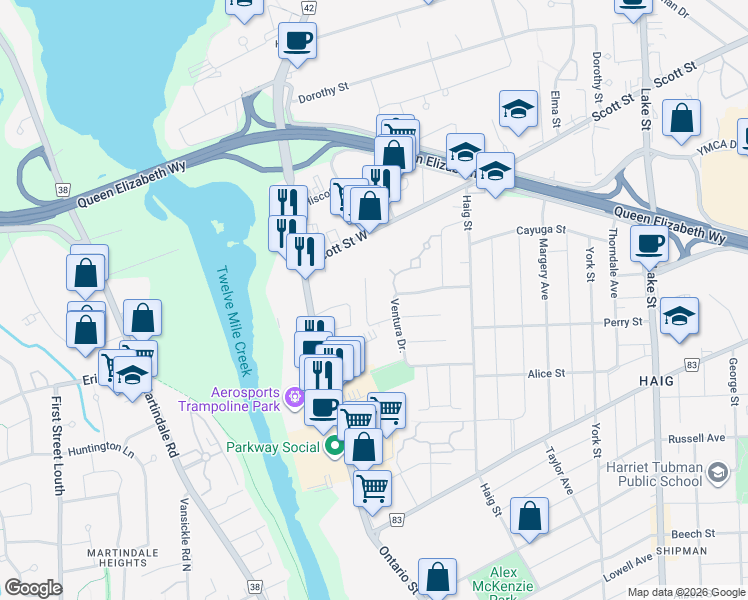 map of restaurants, bars, coffee shops, grocery stores, and more near in St. Catharines