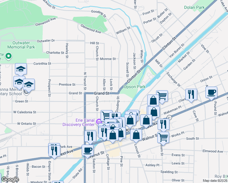 map of restaurants, bars, coffee shops, grocery stores, and more near 62 Grand Street in Lockport