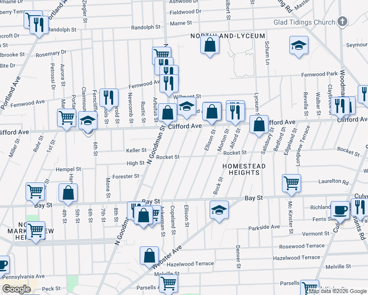 map of restaurants, bars, coffee shops, grocery stores, and more near 184 Baycliff Drive in Rochester