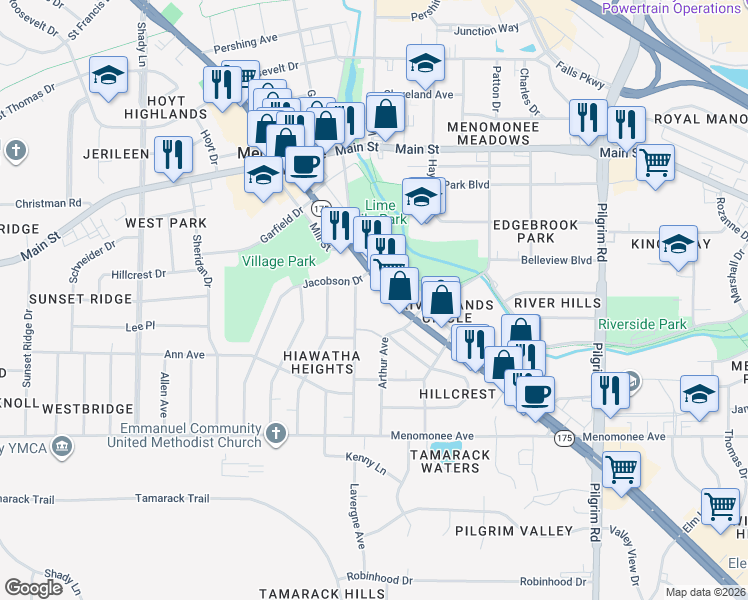 map of restaurants, bars, coffee shops, grocery stores, and more near N86W16351 Appleton Avenue in Menomonee Falls