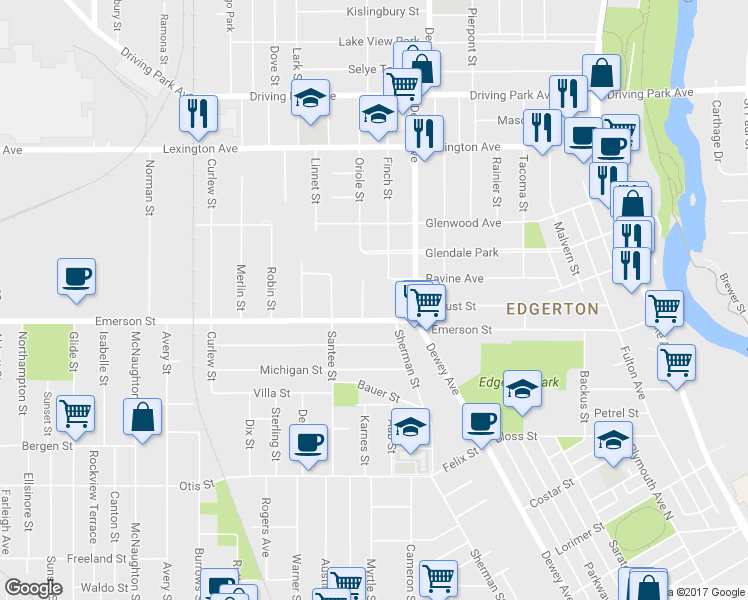 map of restaurants, bars, coffee shops, grocery stores, and more near 28 Plover Street in Rochester