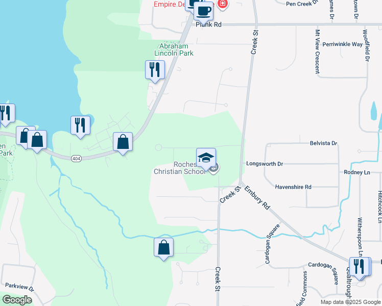 map of restaurants, bars, coffee shops, grocery stores, and more near 475 Manse Lane in Rochester