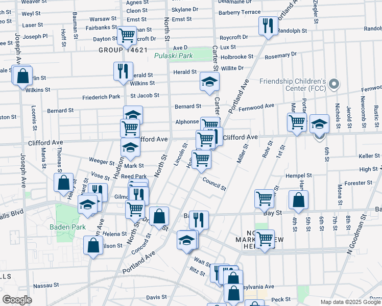 map of restaurants, bars, coffee shops, grocery stores, and more near 77 Hollister Street in Rochester