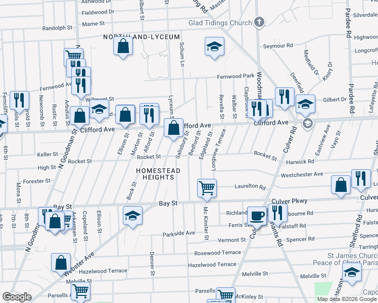 map of restaurants, bars, coffee shops, grocery stores, and more near 147 Bedford Street in Rochester