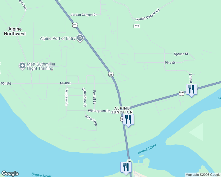 map of restaurants, bars, coffee shops, grocery stores, and more near U.S. Highway 26 in Alpine