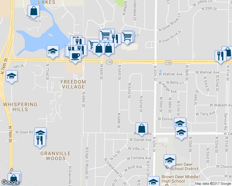 map of restaurants, bars, coffee shops, grocery stores, and more near 8615 North 64th Street in Brown Deer