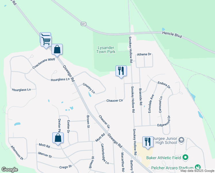 map of restaurants, bars, coffee shops, grocery stores, and more near 2529 Country Ln in Baldwinsville
