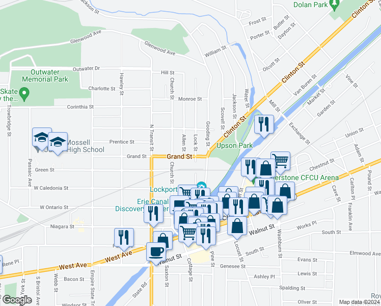 map of restaurants, bars, coffee shops, grocery stores, and more near 84 Grand Street in Lockport