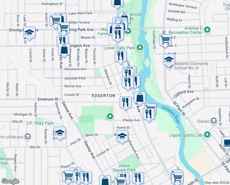 map of restaurants, bars, coffee shops, grocery stores, and more near 18 Locust Street in Rochester