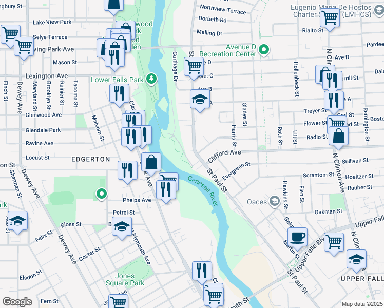 map of restaurants, bars, coffee shops, grocery stores, and more near 1063 Saint Paul Street in Rochester