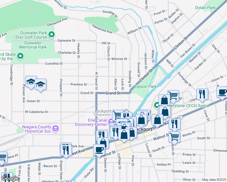 map of restaurants, bars, coffee shops, grocery stores, and more near 110 Grand Street in Lockport