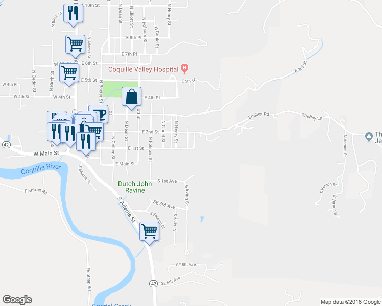 map of restaurants, bars, coffee shops, grocery stores, and more near 905 East 1st Street in Coquille