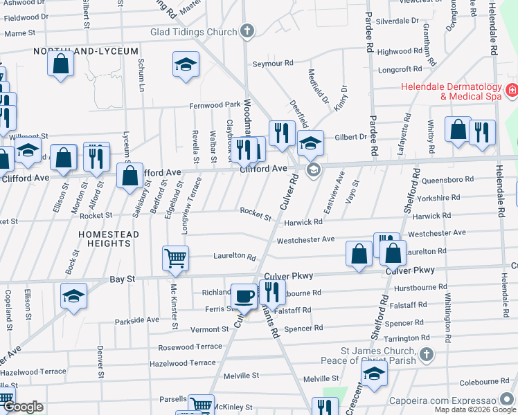 map of restaurants, bars, coffee shops, grocery stores, and more near 22 Roseview Avenue in Rochester