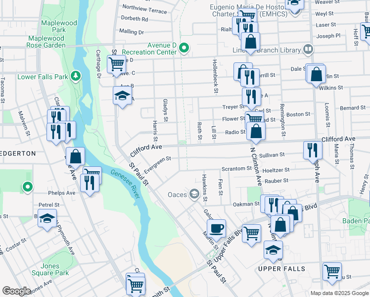map of restaurants, bars, coffee shops, grocery stores, and more near 183 Clifford Avenue in Rochester
