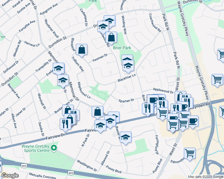 map of restaurants, bars, coffee shops, grocery stores, and more near 408 North Park Street in Brantford