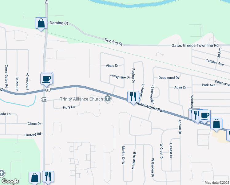 map of restaurants, bars, coffee shops, grocery stores, and more near 1164 Spencerport Road in Rochester