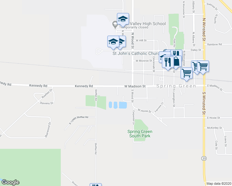 map of restaurants, bars, coffee shops, grocery stores, and more near 304 Arlington Court in Spring Green