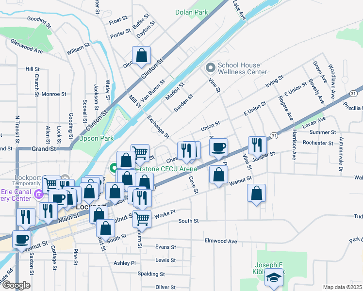 map of restaurants, bars, coffee shops, grocery stores, and more near 66 Spring Street in Lockport
