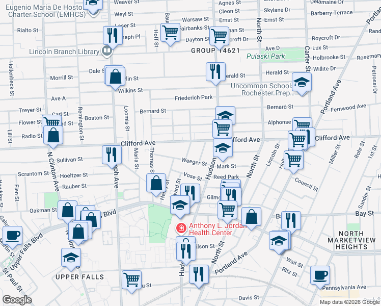 map of restaurants, bars, coffee shops, grocery stores, and more near 24 Barons Street in Rochester