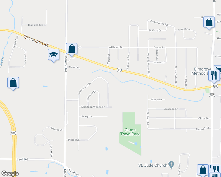 map of restaurants, bars, coffee shops, grocery stores, and more near 26 Queensland Drive in Spencerport