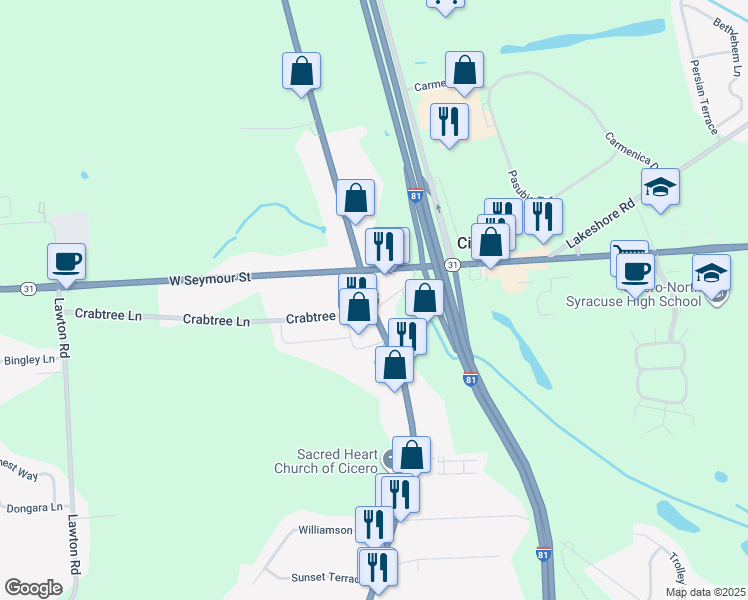 map of restaurants, bars, coffee shops, grocery stores, and more near 8344 Brewerton Road in Cicero