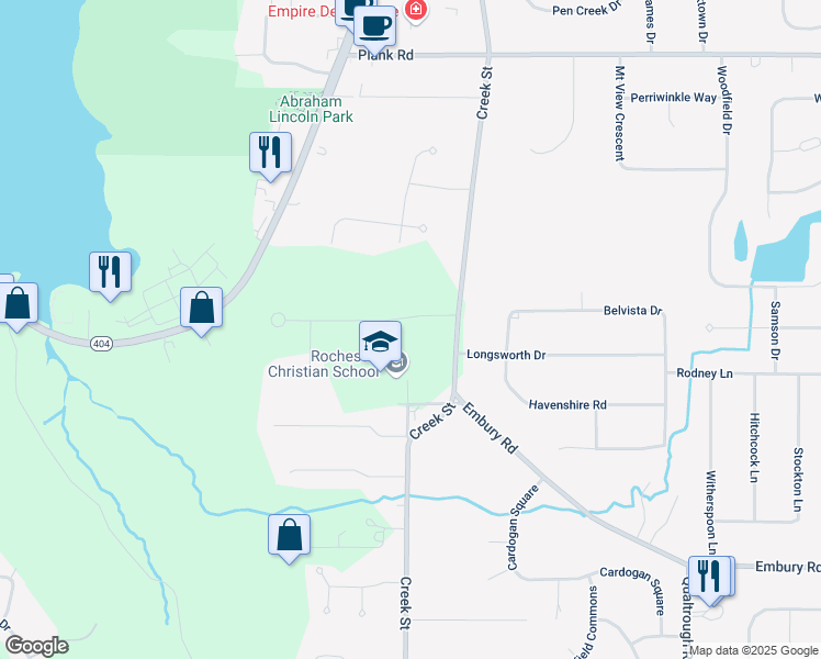 map of restaurants, bars, coffee shops, grocery stores, and more near 493 Manse Lane in Rochester