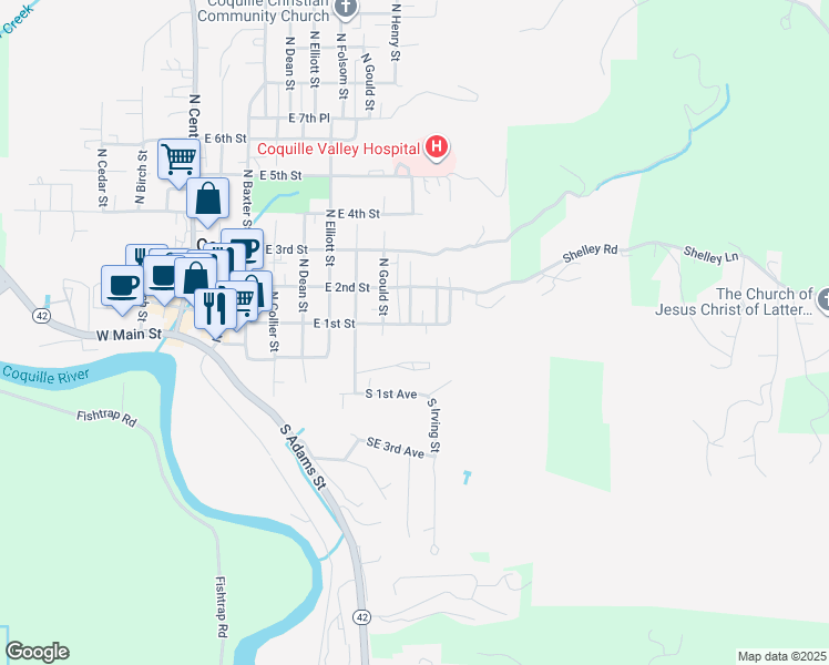 map of restaurants, bars, coffee shops, grocery stores, and more near 805 East 1st Street in Coquille