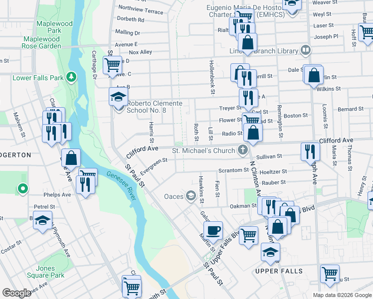 map of restaurants, bars, coffee shops, grocery stores, and more near 201 Clifford Avenue in Rochester