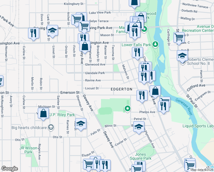 map of restaurants, bars, coffee shops, grocery stores, and more near 56 Locust Street in Rochester