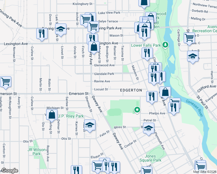 map of restaurants, bars, coffee shops, grocery stores, and more near 76 Locust Street in Rochester