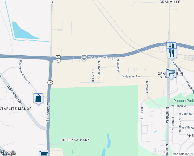 map of restaurants, bars, coffee shops, grocery stores, and more near 8617 North 116th Street in Milwaukee