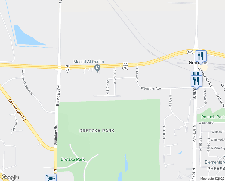 map of restaurants, bars, coffee shops, grocery stores, and more near 8617 North 116th Street in Milwaukee