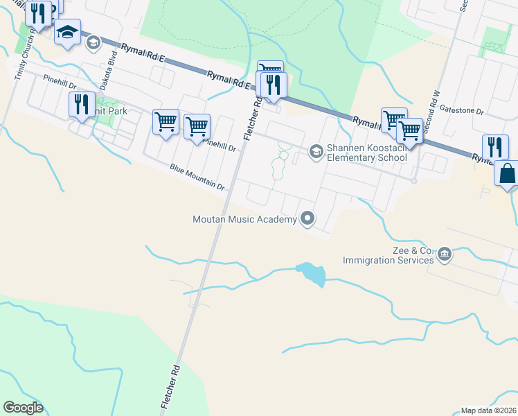map of restaurants, bars, coffee shops, grocery stores, and more near 52 Sundance Crescent in Hamilton