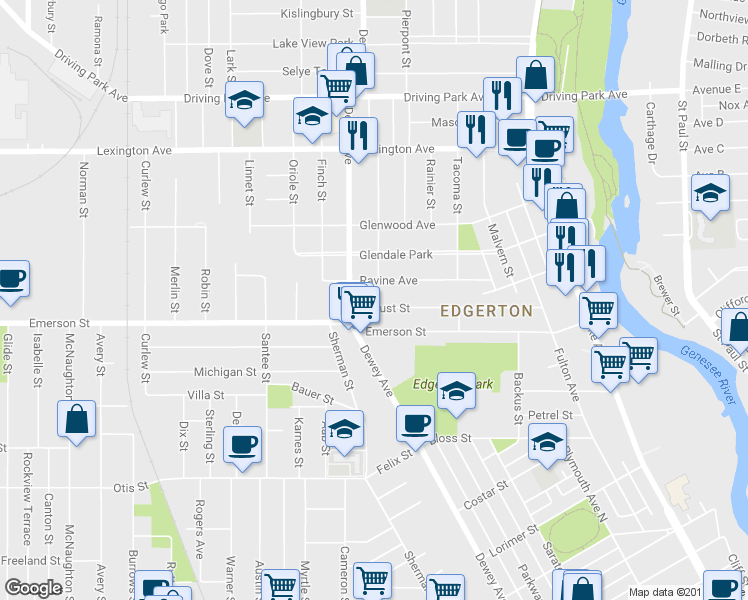map of restaurants, bars, coffee shops, grocery stores, and more near 96 Locust Street in Rochester