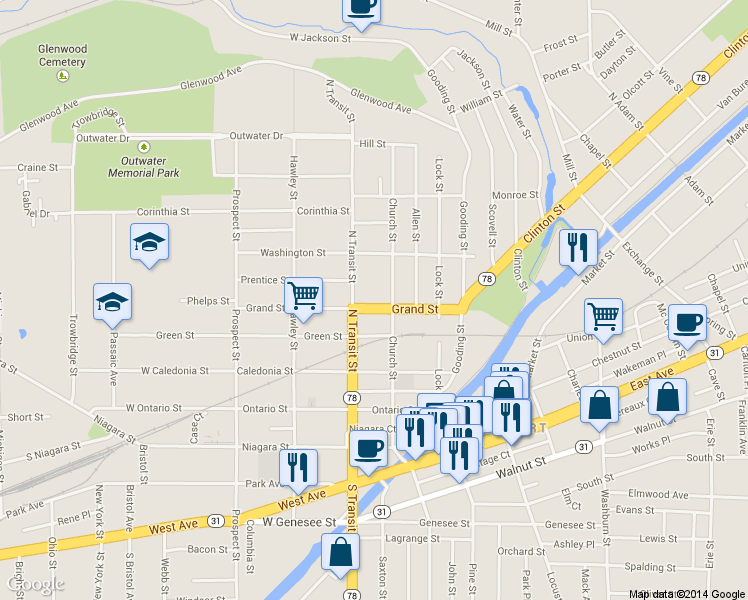 map of restaurants, bars, coffee shops, grocery stores, and more near 148 Grand Street in Lockport