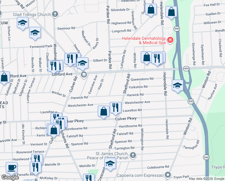 map of restaurants, bars, coffee shops, grocery stores, and more near 23 Garden Drive in Rochester