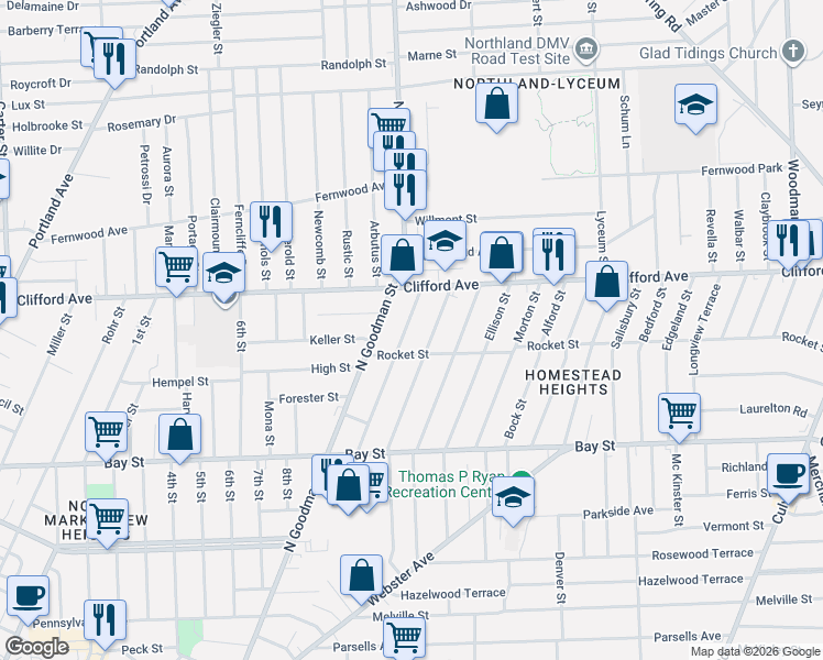 map of restaurants, bars, coffee shops, grocery stores, and more near 180 Winterroth Street in Rochester