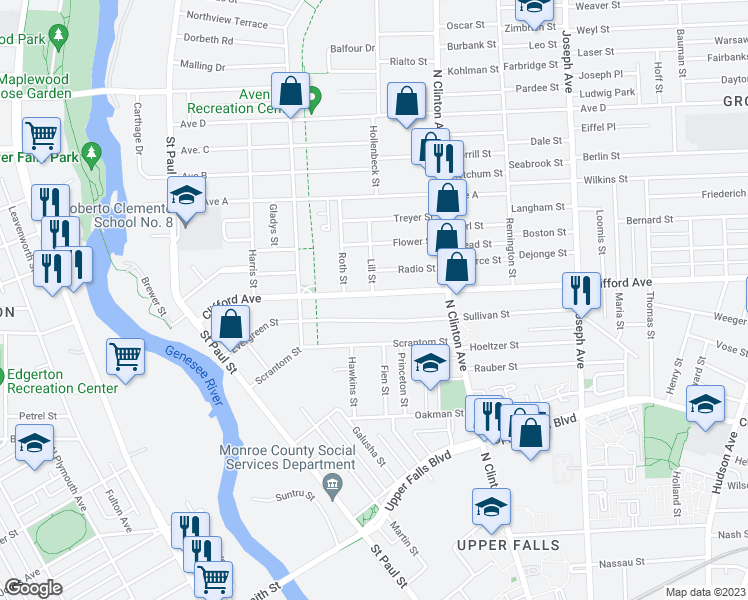 map of restaurants, bars, coffee shops, grocery stores, and more near 293 Clifford Avenue in Rochester