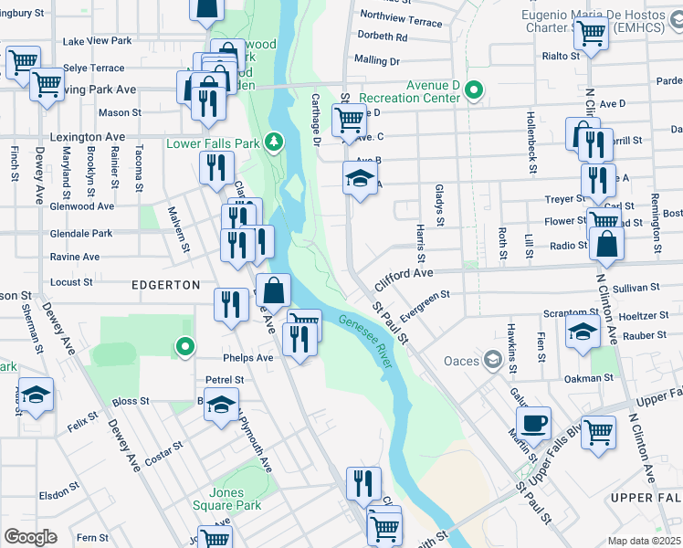 map of restaurants, bars, coffee shops, grocery stores, and more near 1063 Saint Paul Street in Rochester