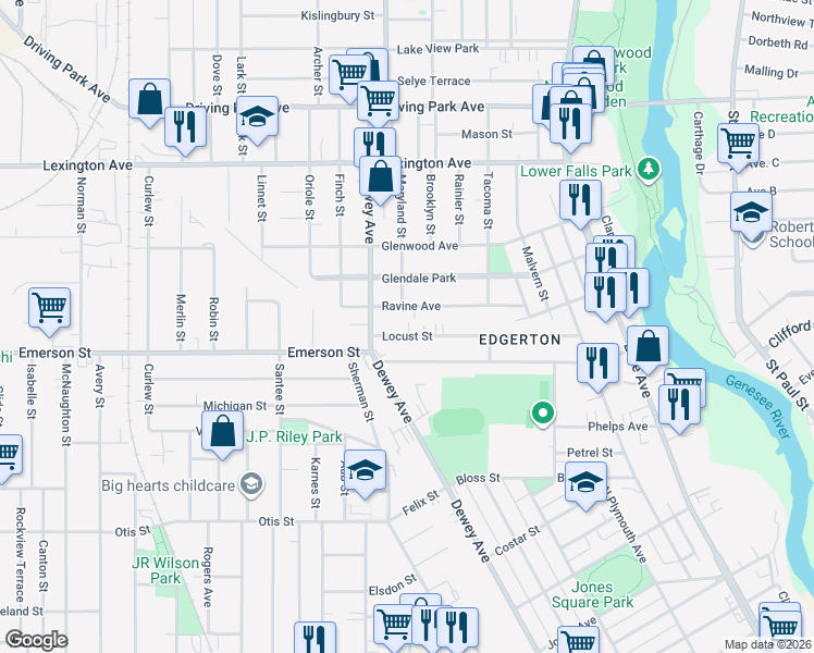 map of restaurants, bars, coffee shops, grocery stores, and more near 96 Locust Street in Rochester